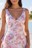 Vestido Pequeno Branco Bodycon Floral com Folhos de Decote V