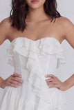 Vestido Branco A Line, Sem Alças Com Folhos