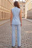 Fato feminino slim fit com lapela azul claro com dobro peito duplo de 2 peças, sem mangas
