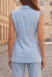 Fato feminino slim fit com lapela azul claro com dobro peito duplo de 2 peças, sem mangas