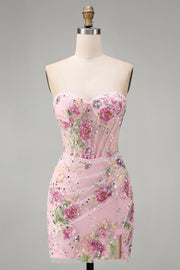 Rosa Sweetheart Corset transparente com lantejoulas bodycon vestido floral de regresso a casa