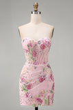 Rosa Sweetheart Corset transparente com lantejoulas bodycon vestido floral de regresso a casa