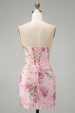 Rosa Sweetheart Corset transparente com lantejoulas bodycon vestido floral de regresso a casa