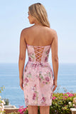 Rosa Sweetheart Corset transparente com lantejoulas bodycon vestido floral de regresso a casa