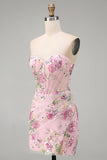 Rosa Sweetheart Corset transparente com lantejoulas bodycon vestido floral de regresso a casa