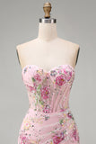 Rosa Sweetheart Corset transparente com lantejoulas bodycon vestido floral de regresso a casa