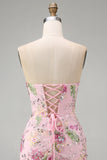 Rosa Sweetheart Corset transparente com lantejoulas bodycon vestido floral de regresso a casa