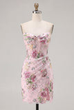 Rosa Sweetheart Corset transparente com lantejoulas bodycon vestido floral de regresso a casa