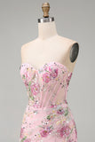 Rosa Sweetheart Corset transparente com lantejoulas bodycon vestido floral de regresso a casa