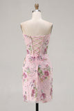 Rosa Sweetheart Corset transparente com lantejoulas bodycon vestido floral de regresso a casa