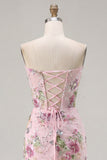 Rosa Sweetheart Corset transparente com lantejoulas bodycon vestido floral de regresso a casa