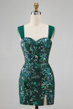 Vestido Curto de Regresso a Casa Verde Verde Escuro Bodycon Lantejoulas Verde Escuro Curta com Fenda