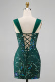 Vestido Curto de Regresso a Casa Verde Verde Escuro Bodycon Lantejoulas Verde Escuro Curta com Fenda
