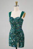 Vestido Curto de Regresso a Casa Verde Verde Escuro Bodycon Lantejoulas Verde Escuro Curta com Fenda