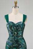 Vestido Curto de Regresso a Casa Verde Verde Escuro Bodycon Lantejoulas Verde Escuro Curta com Fenda