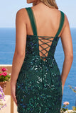 Vestido Curto de Regresso a Casa Verde Verde Escuro Bodycon Lantejoulas Verde Escuro Curta com Fenda