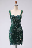 Vestido Curto de Regresso a Casa Verde Verde Escuro Bodycon Lantejoulas Verde Escuro Curta com Fenda