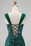 Vestido Curto de Regresso a Casa Verde Verde Escuro Bodycon Lantejoulas Verde Escuro Curta com Fenda