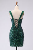 Vestido Curto de Regresso a Casa Verde Verde Escuro Bodycon Lantejoulas Verde Escuro Curta com Fenda