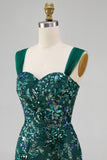 Vestido Curto de Regresso a Casa Verde Verde Escuro Bodycon Lantejoulas Verde Escuro Curta com Fenda