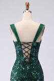 Vestido Curto de Regresso a Casa Verde Verde Escuro Bodycon Lantejoulas Verde Escuro Curta com Fenda