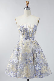 Espartilho A Linha Azul Poeirento, Vestido Curto de Finalistas Floral Sem Alças