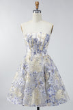 Espartilho A Linha Azul Poeirento, Vestido Curto de Finalistas Floral Sem Alças
