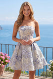 Espartilho A Linha Azul Poeirento, Vestido Curto de Finalistas Floral Sem Alças