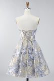Espartilho A Linha Azul Poeirento, Vestido Curto de Finalistas Floral Sem Alças