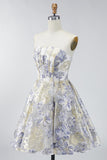 Espartilho A Linha Azul Poeirento, Vestido Curto de Finalistas Floral Sem Alças