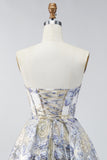 Espartilho A Linha Azul Poeirento, Vestido Curto de Finalistas Floral Sem Alças