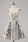 Espartilho A Linha Azul Poeirento, Vestido Curto de Finalistas Floral Sem Alças