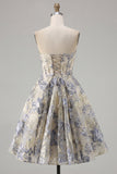 Espartilho A Linha Azul Poeirento, Vestido Curto de Finalistas Floral Sem Alças