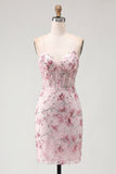 Vestido de Homecoming Bodycon com Espartilho Floral Corset Corset Rosa com Lantejoulas