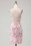 Vestido de Homecoming Bodycon com Espartilho Floral Corset Corset Rosa com Lantejoulas