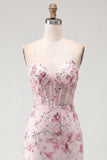 Vestido de Homecoming Bodycon com Espartilho Floral Corset Corset Rosa com Lantejoulas