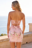 Vestido de Homecoming Bodycon com Lantejoulas em Corset Corset Rosa Floral