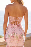 Vestido de Homecoming Bodycon com Lantejoulas em Corset Corset Rosa Floral