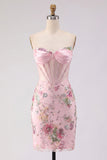 Vestido de Homecoming Bodycon com Lantejoulas em Corset Corset Rosa Floral