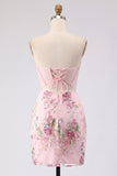 Vestido de Homecoming Bodycon com Lantejoulas em Corset Corset Rosa Floral