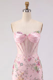 Vestido de Homecoming Bodycon com Lantejoulas em Corset Corset Rosa Floral