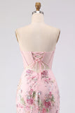 Vestido de Homecoming Bodycon com Lantejoulas em Corset Corset Rosa Floral