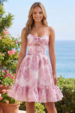 Espartilho cor-de-rosa A-Line com folhos florais e vestido curto de regresso a casa
