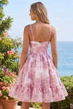 Espartilho cor-de-rosa A-Line com folhos florais e vestido curto de regresso a casa