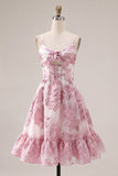 Espartilho cor-de-rosa A-Line com folhos florais e vestido curto de regresso a casa