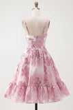 Espartilho cor-de-rosa A-Line com folhos florais e vestido curto de regresso a casa