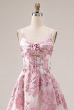 Espartilho cor-de-rosa A-Line com folhos florais e vestido curto de regresso a casa