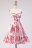 Vestido de Finalista Corselado Corselado A-Line Rosa com Folhos