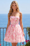 Espartilho sem alças Uma linha Vestido de Finalistas Rosa Floral