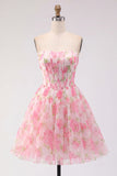 Espartilho sem alças Uma linha Vestido de Finalistas Rosa Floral